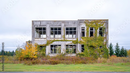 Artistic representation of an abandoned industrial building overtaken by nature: A surreal and dramatic scene of an old, decaying factory where vines, moss, and trees reclaim the structure,
