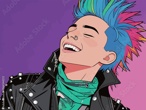 Bright-haired person smiles and enjoys life in urban setting during daylight hours with colorful backdrop and casual fashion