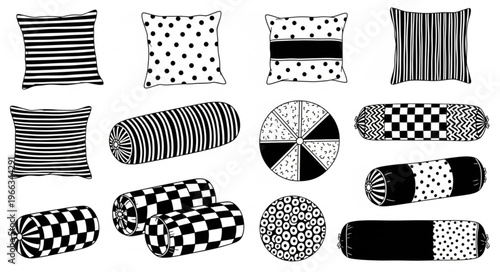 Assortment of Black and White Patterned Decorative Pillows.