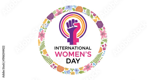 International Women's Day Feminist Symbol Circle Floral Border