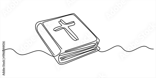 Minimalist continuous line drawing of a holy bible with a christian cross on the cover Vector, illustration