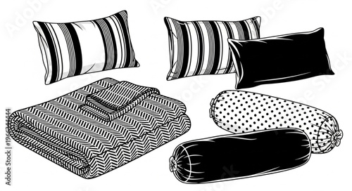Assorted Pillows and Blanket Illustration for Home Decor.