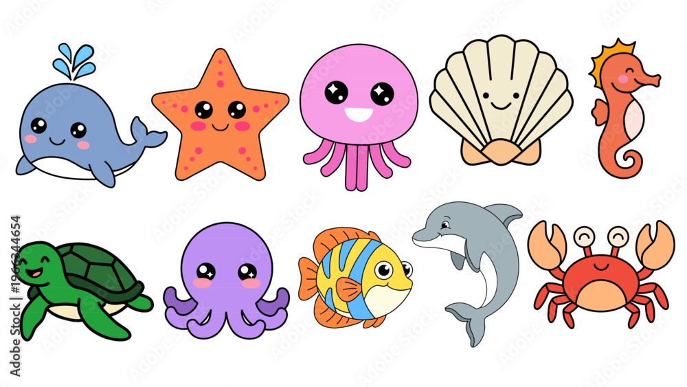 Naklejka premium Cute Sea Animals Collection Flat Vector Underwater Life Illustration