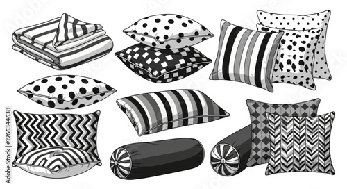 Collection of Black and White Patterned Decorative Pillows for Home Decor.