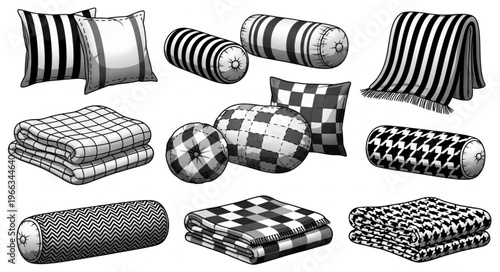 Assorted Pillows and Blankets with Striped and Checkered Patterns.