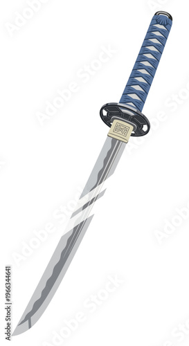 Japanese Samurai Sword Katana Blade with Blue Handle Isolated on White Background