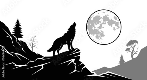 Striking wolf silhouette howling at a full moon from a rugged cliff. Wild nature scene, nocturnal wilderness vector illustration.