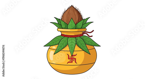 Kalash with Coconut and Swastika Symbol - Hindu Auspicious Pot