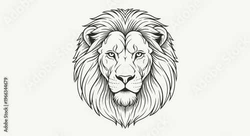 Majestic lion head illustration in black and white, a powerful and regal graphic artwork with detailed mane and intense gaze.