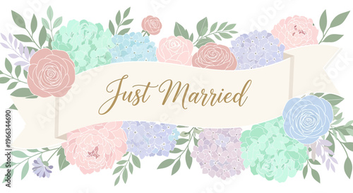 Just Married Floral Banner with Pastel Flowers and Greenery