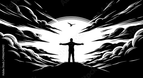 Inspirational black and white silhouette: person with open arms on a hilltop, facing a bright sun amidst dramatic clouds and flying bird.