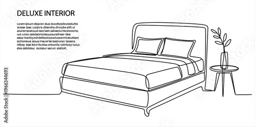 Minimalist one line art of a comfortable double bed in a modern deluxe bedroom interior. Vector, illustration