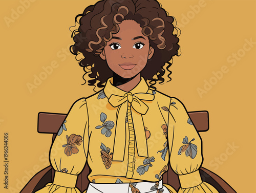 Girl with curly hair wearing a yellow floral top sitting in a chair against a yellow background