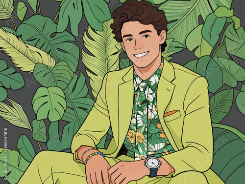 Young man sits in a bright suit among tropical plants at a summer event in a warm climate
