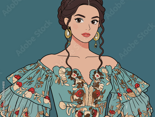 Woman in blue dress with floral design posing against a blue background in a digital art style