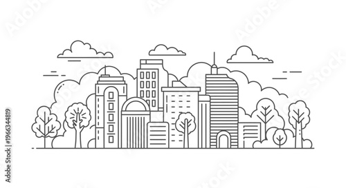 Modern city skyline line art illustration with urban buildings, trees, and clouds, ideal for architectural and urban design concepts.