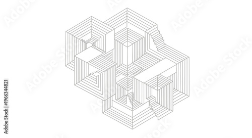 Abstract isometric wireframe structure of interconnected geometric shapes, minimalist architectural concept, 3D model design illustration.