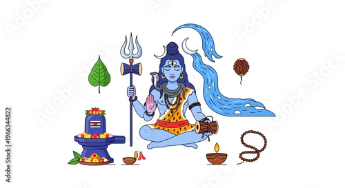 Lord Shiva Meditating with Trident, Drum, and Lingam - Hindu Deity Illustration