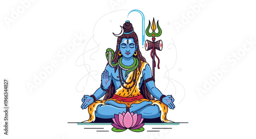 Lord Shiva Meditating, Blue God, Hindu Deity, Trinetra, Lotus Flower