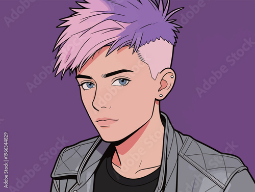 Young person with short hair and leather jacket stands against a solid purple background while looking at the viewer