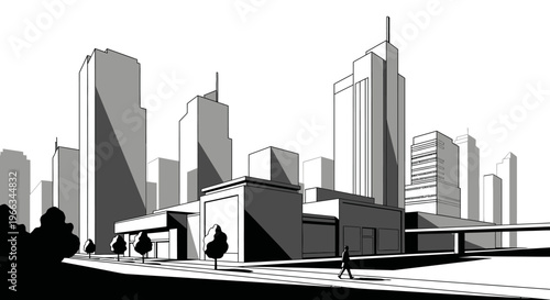 Black and white urban city scene illustration with modern skyscrapers, commercial buildings, road, and person walking