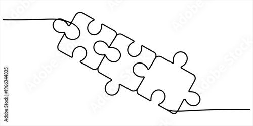 Continuous one line drawing of three puzzle pieces interlocking together on a white background Vector, illustration