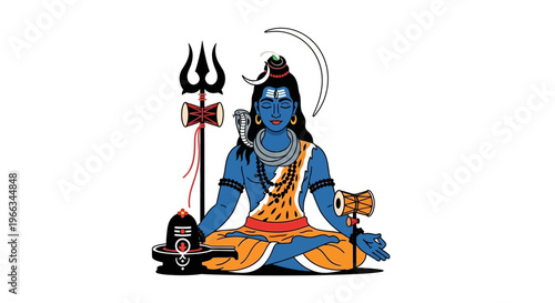 Lord Shiva Meditating, Hindu God, Blue Skin, Trident, Serpent, Yoga Pose