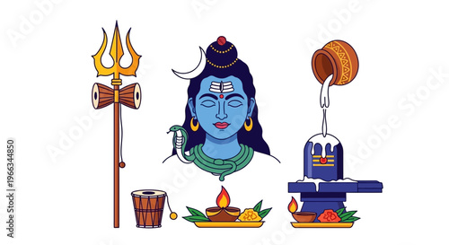 Lord Shiva Religious Icons: Trishul, Drum, Diya, Lingam, and Crescent Moon