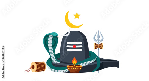 Lord Shiva Lingam, Snake, Damaru Drum, Diya Lamp, Trident, Crescent Moon