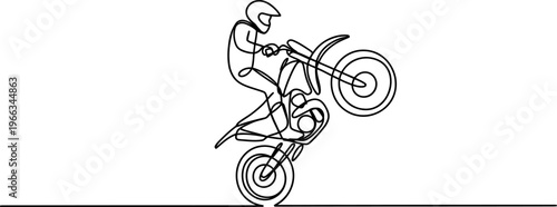 Continuous line drawing of a person performing a wheelie on a dirt bike in a minimalist style. Vector, illustration