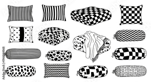 Collection of Black and White Patterned Pillows and Bolsters.