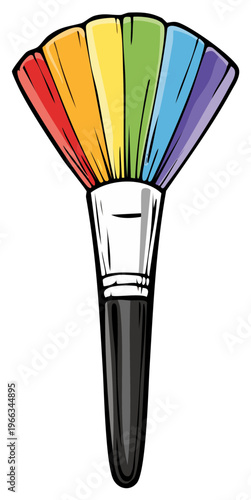 Cartoon rainbow makeup brush with colorful bristles and a black handle, beauty concept.