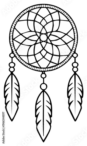 Traditional dreamcatcher with three feathers and beaded details in a simple line art design