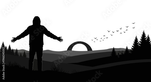Digital illustration of a lone hooded person with outstretched arms in a vast natural landscape under a sky with flying birds and an abstract arch.