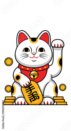Lucky Cat Maneki Neko with Gold Coins, Japanese Symbol of Fortune and Wealth
