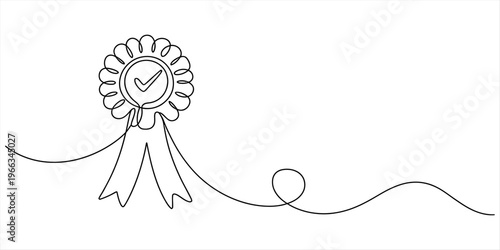 Minimalist continuous line drawing of an award ribbon rosette with a checkmark symbol inside Vector, illustration