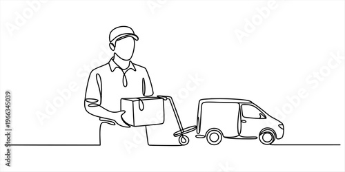 Continuous line drawing of a delivery man holding a package with a van in the background. Vector, illustration