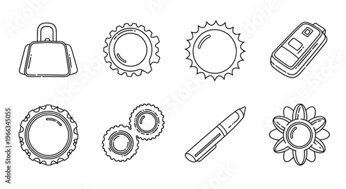 Outline Icons Set of Everyday Items & Personal Accessories: Handbag, Bottle Caps, Key Fob, Contact Lens Case, Pen