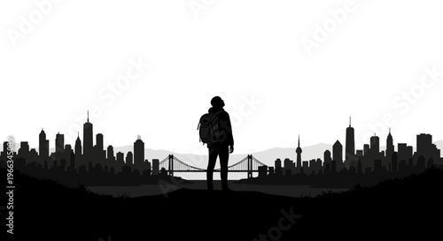 Silhouette of a lone traveler with a backpack standing on a hill, overlooking a vast monochromatic city skyline with skyscrapers and a bridge.