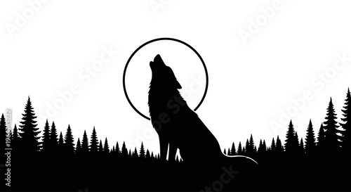 Black silhouette of a wolf howling at the full moon in a wild forest at night, minimalist black and white nature scene