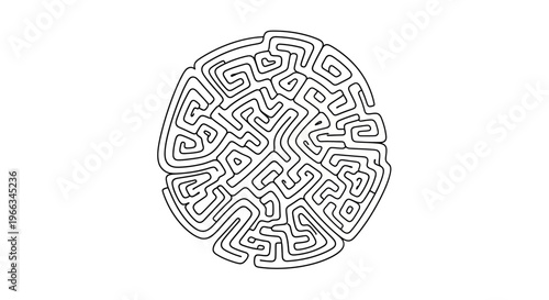 Abstract circular maze or labyrinth, intricate black and white line art illustration. Complex puzzle, challenge, solution, problem-solving concept.