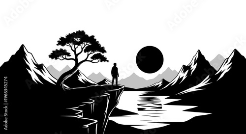 Silhouette illustration of a person on a cliff overlooking a serene mountain lake at sunrise or sunset with a lonely tree
