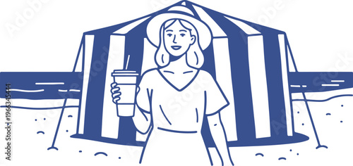 Young woman in sun hat holding coffee cup on beach with striped tent background blue line.