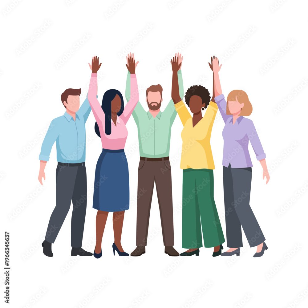 Fototapeta premium Diverse group of people raising hands in celebration, unity, teamwork, success, and community