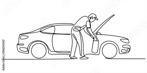 Single line drawing of a mechanic inspecting a car engine with the hood open on white background. Vector, illustration