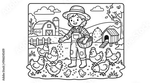 Boy Feeding Chickens on Farm Land.
