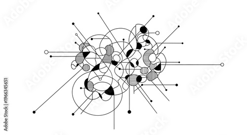 Minimalist abstract geometric network illustration with interconnected circles, lines, and dots, representing technology, data, and communication.