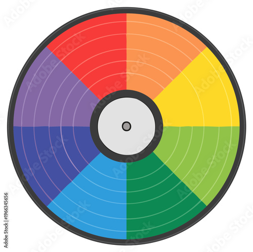Rainbow colored vinyl LP record with color wheel segments for a music concept vector graphic