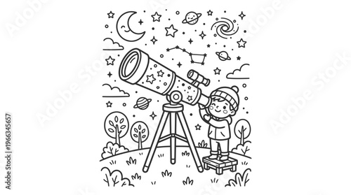 Child Looking Through a Telescope Outdoors.