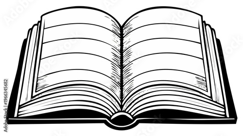 Open book with blank lined pages illustration in black and white outline style